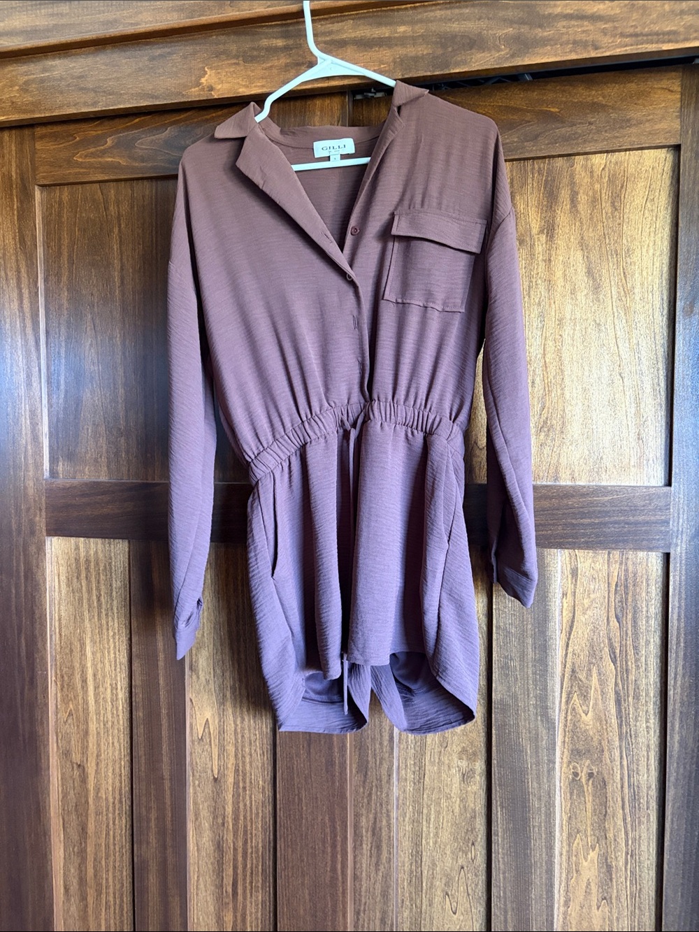 Gilli Brown Long-Sleeve Romper with Drawstring Waist